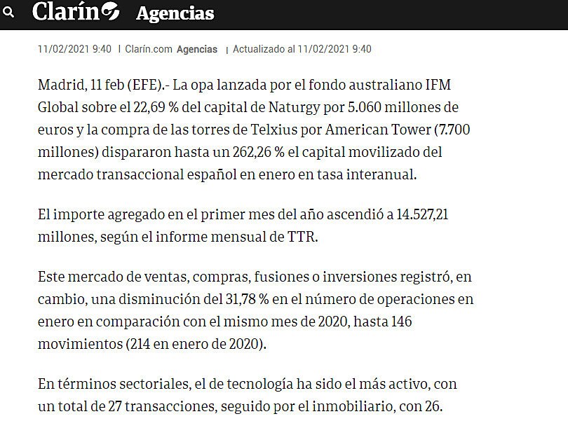 Telxius y opa a Naturgy disparan el mercado transaccional en enero un 262,2 %